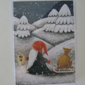 Boxed Christmas cards "Gnome w/sled" English text 12 cards  7" x 5"