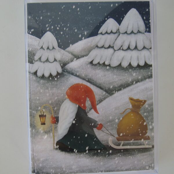 Boxed Christmas cards "Gnome w/sled" English text 12 cards  7" x 5"