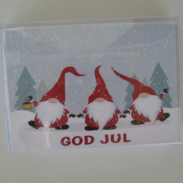 Boxed Christmas cards "3 Red Gnomes"  Swedish text 12 cards  7" x 5"