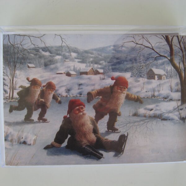 Boxed Christmas cards " tomtar skating"  Swedish text 12 cards  7" x 5"