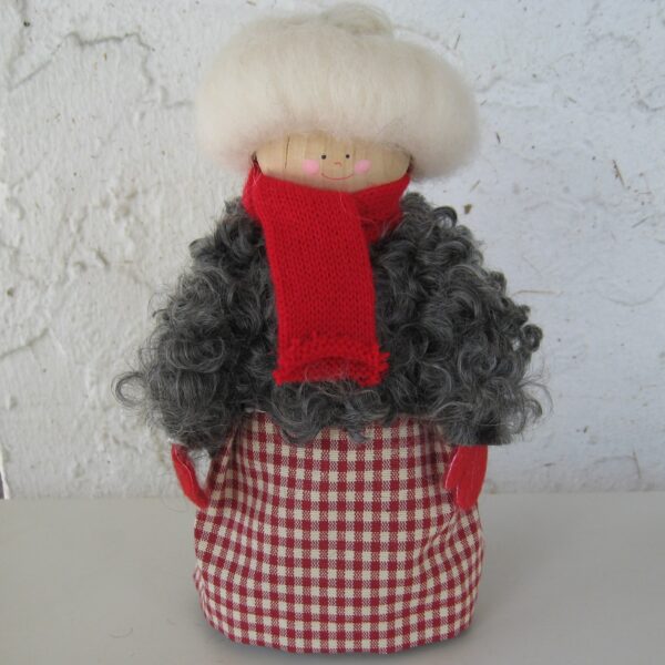 Large tomte lady sheepskin in checked skirt 8" Made in Sweden