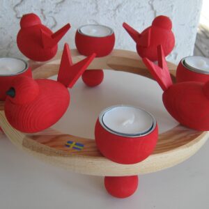 Christmas red wood candle holder w/tea lights/red birds 10" x 3" Made in Sweden