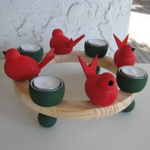 Christmas green wood candle holder w/tea lights/red birds 10" x 3" Made in Sweden