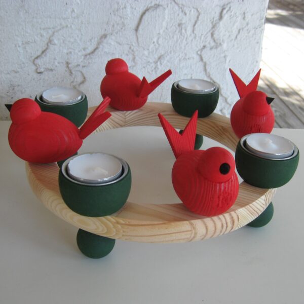Christmas green wood candle holder w/tea lights/red birds 10" x 3" Made in Sweden