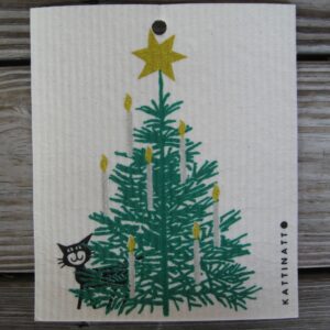 Swedish screen Swedish screen printed dish washing sponge/cloth "Christmas tree w/cat"  73/4" x 63/4" Kattinatt of Sweden