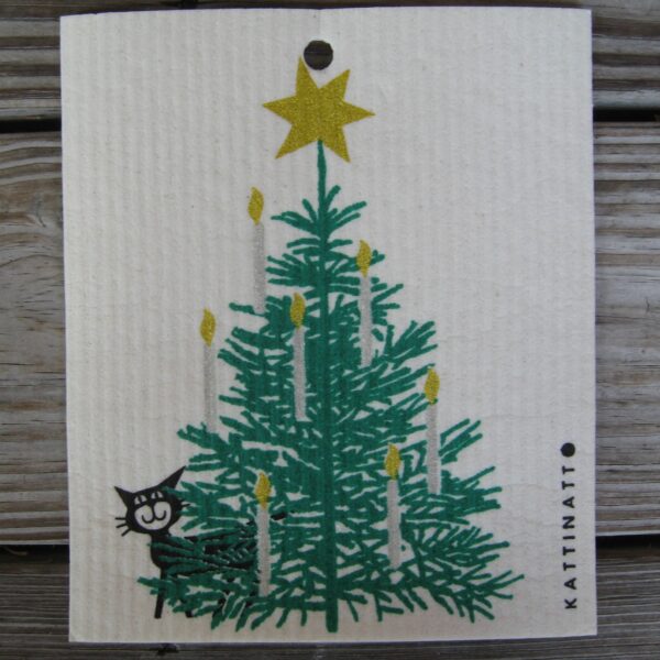 Swedish screen Swedish screen printed dish washing sponge/cloth "Christmas tree w/cat"  73/4" x 63/4" Kattinatt of Sweden