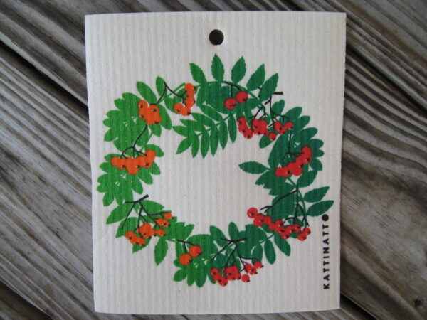 Swedish screen printed dish washing sponge/dish cloth "rowanberry wreath"  NEW  Kattinatt of Sweden