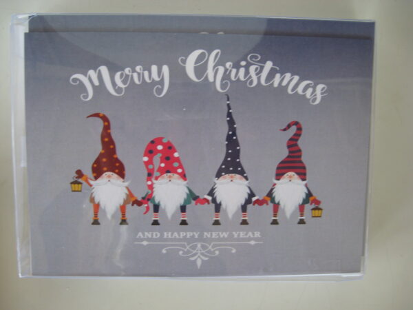 Boxed Christmas cards "4 Gnomes" English text 12 cards & envelopes 7" x 5"