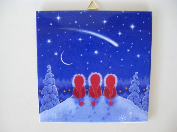 Christmas ceramic tile w/hook 6" x 6"  "Shooting Star" cork backing