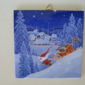 Christmas ceramic tile w/hook  "Speeding Sleigh" 6" x 6" cork backing
