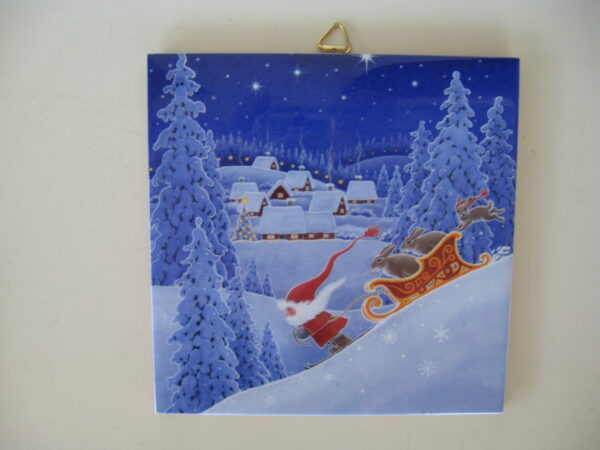 Christmas ceramic tile w/hook  "Speeding Sleigh" 6" x 6" cork backing