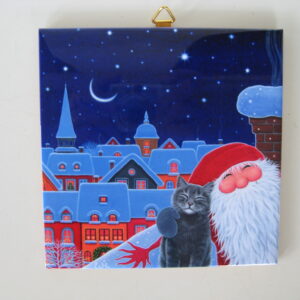 Christmas ceramic tile w/hook "Tomte & Cat Selfie" 6" x 6" cork backing
