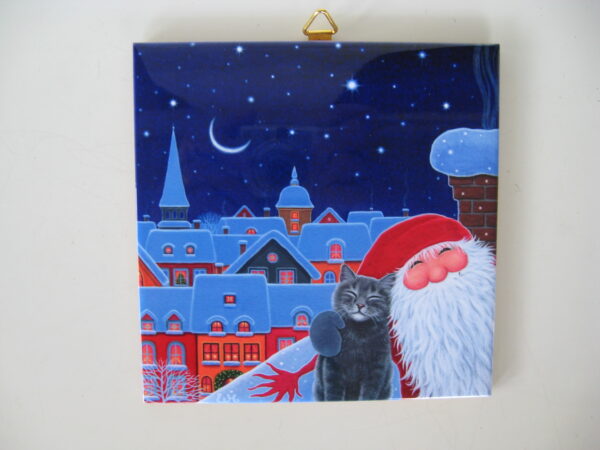 Christmas ceramic tile w/hook "Tomte & Cat Selfie" 6" x 6" cork backing