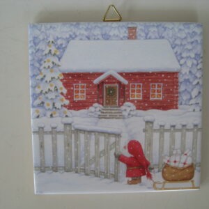 Christmas ceramic tile w/hook " Snowy Gate" 6"  x 6" cork backing