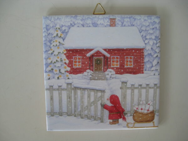 Christmas ceramic tile w/hook " Snowy Gate" 6"  x 6" cork backing