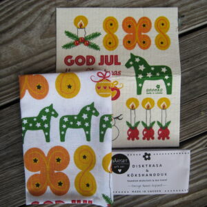 Gift set: Swedish dish cloth (8" x 7") & tea towel (27" x 19") "God Jul" Anneko of Sweden