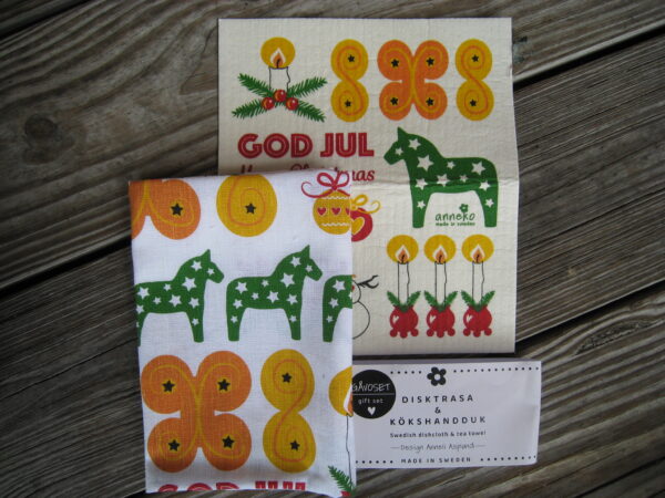 Gift set: Swedish dish cloth (8" x 7") & tea towel (27" x 19") "God Jul" Anneko of Sweden