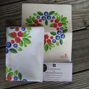 Gift set: Swedish dish cloth (8" x 7") & tea towel (27" x 19")  "berry wreath" Anneko of Sweden