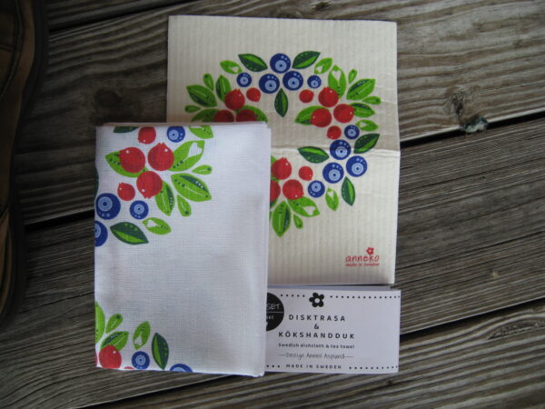 Gift set: Swedish dish cloth (8" x 7") & tea towel (27" x 19")  "berry wreath" Anneko of Sweden