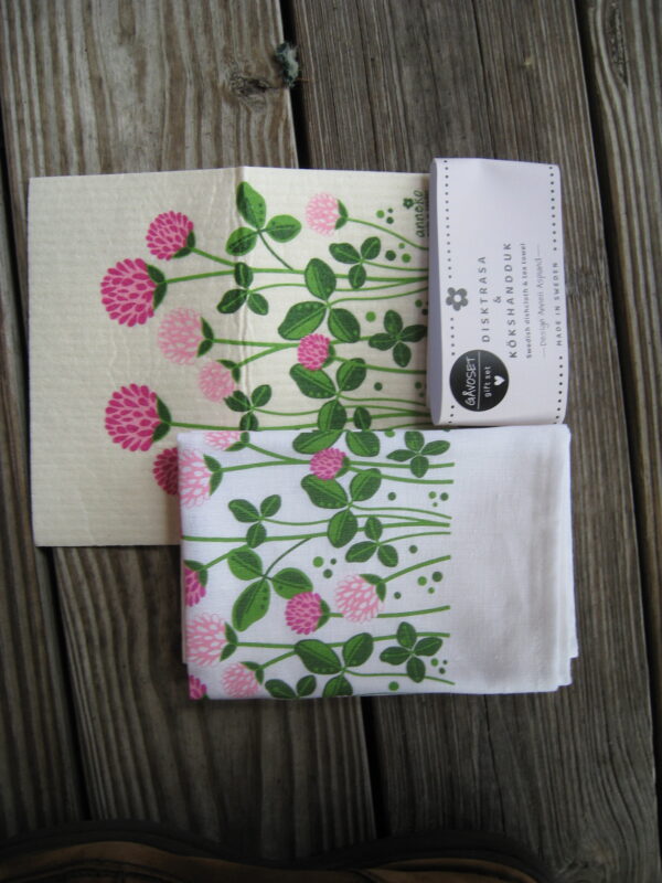 Gift set:  Swedish dish cloth (8" x 7") & tea towel (27" x 19") "red clover"  Anneko of Sweden