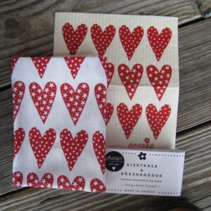 Gift set: Swedish dish cloth (8" x 7") & tea towel (27" x 19") "Hearts" Anneko of Sweden