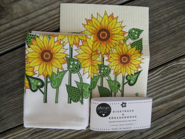 Gift set: Swedish dish cloth (8" x 7") & tea towel (27" x 19") "Sunflower" Anneko of Sweden