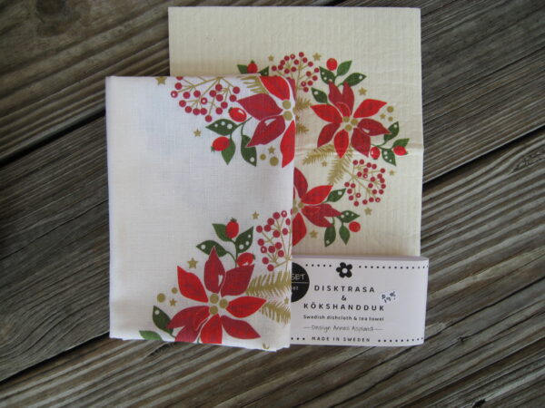 Gift set: Swedish dish cloth (8" x 7") & tea towel (27" x 19") "Christmas flowers" Anneko of Sweden