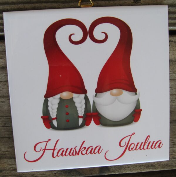 Finnish Christmas tile "Hauskaa Joulua" gnome couple 6" x 6" cork back, hanger