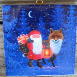 Swedish Christmas ceramic tile  "Tomte  & Fox" 6" x 6", cork back, hanger