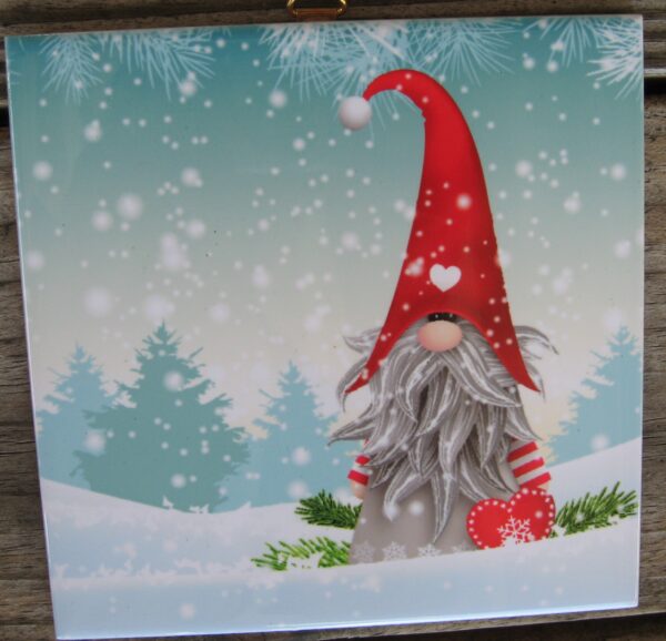 Swedish ceramic Christmas tile "Gnome with heart" 6" x 6"