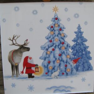 Swedish Christmas tile " Tomte & Reindeer at tree"  6" x 6" cork back, hanger