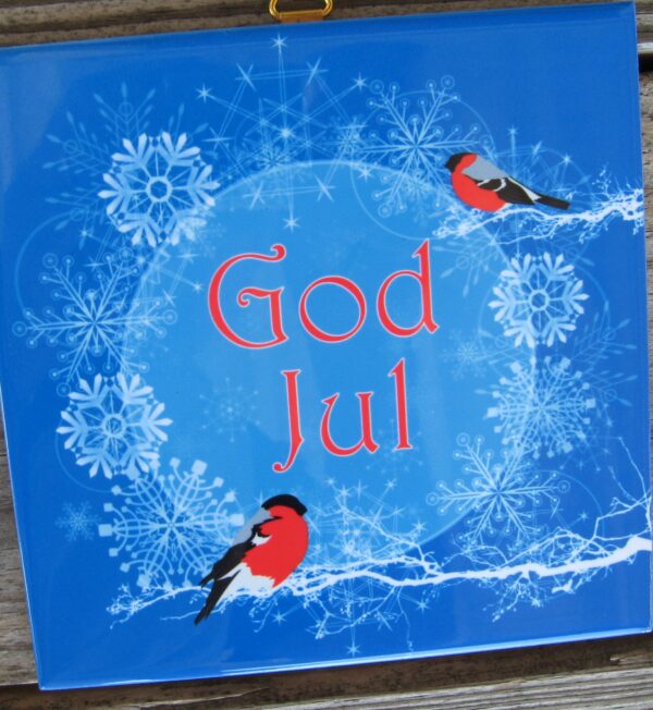 Swedish Christmas tile " God Jul- domherrar" 6" x 6" cork back, hanger
