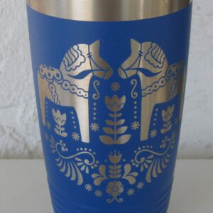 Stainless steel tumbler  "Dala horses on blue"  7" x 3.5"