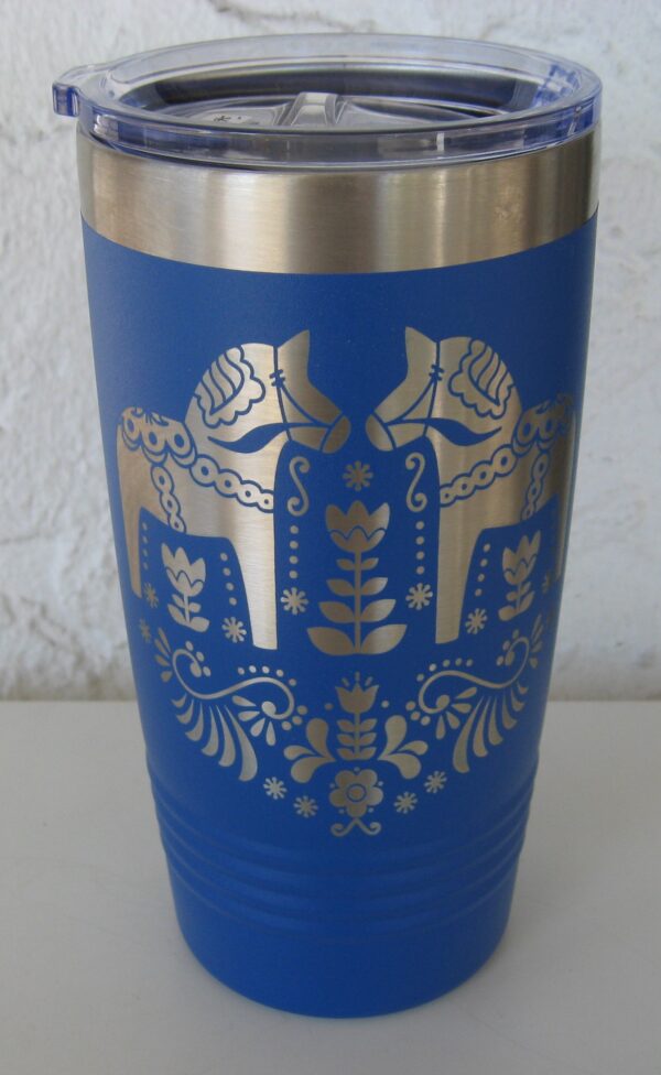 Stainless steel tumbler  "Dala horses on blue"  7" x 3.5"