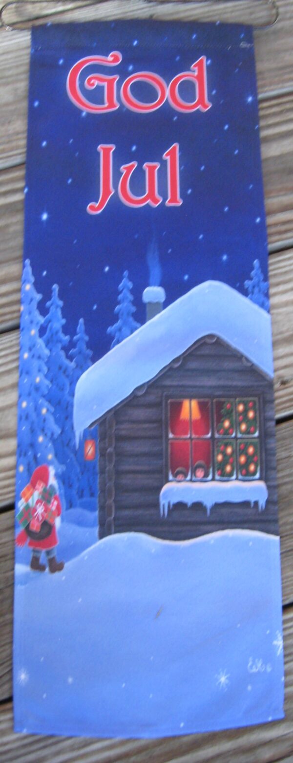 God Jul wall hanging "Tomte delivering gifts"  24" x 8.5" polyester