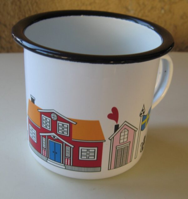 Enameled cup "Swedish houses"  3" x 3.75" diameter